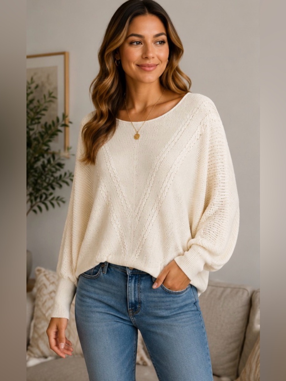 553 Cyrus Cream Knit Sweater Women’s Large Batwing Sleeve Cozy Soft Neutral